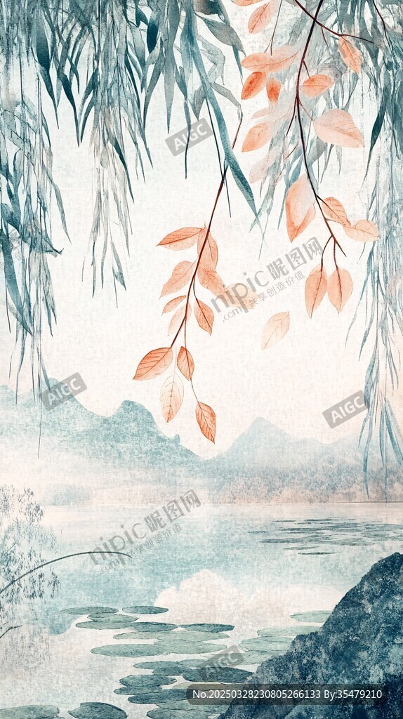 水墨柳影湖景图
