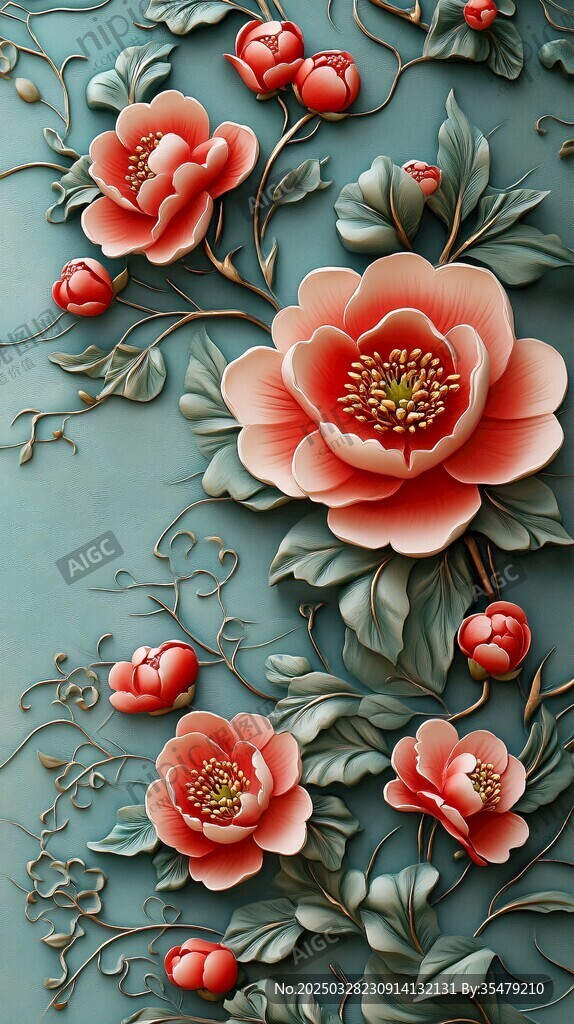 中式浮雕花卉装饰图案