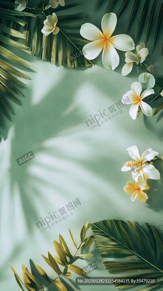 清新鸡蛋花与绿叶背景图