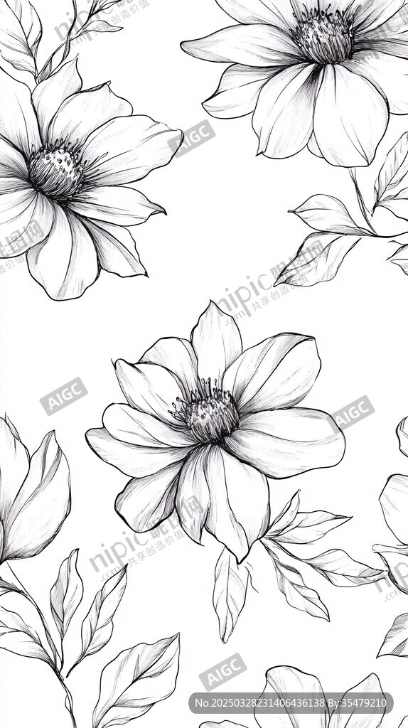 黑白花卉手绘无缝图案