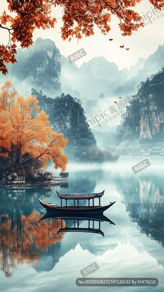 秋日山水间的静谧小船