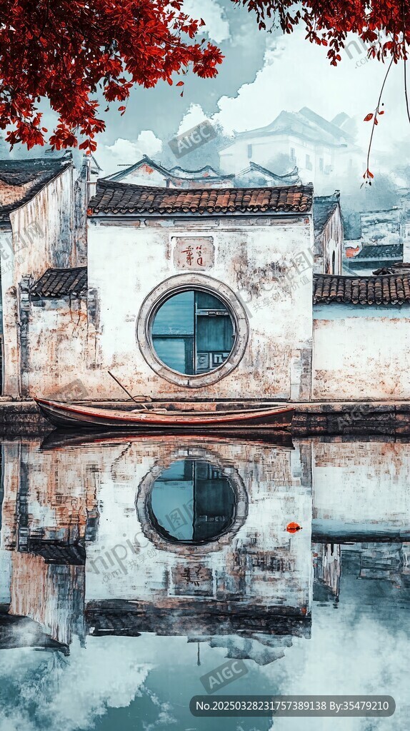 水墨江南古宅小船倒影图