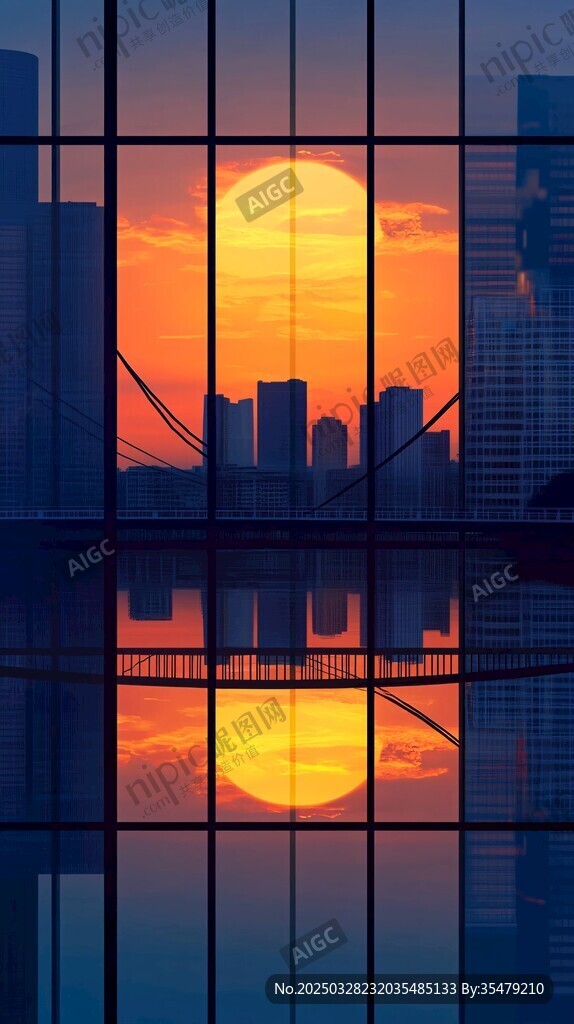 夕阳下城市建筑的玻璃倒影
