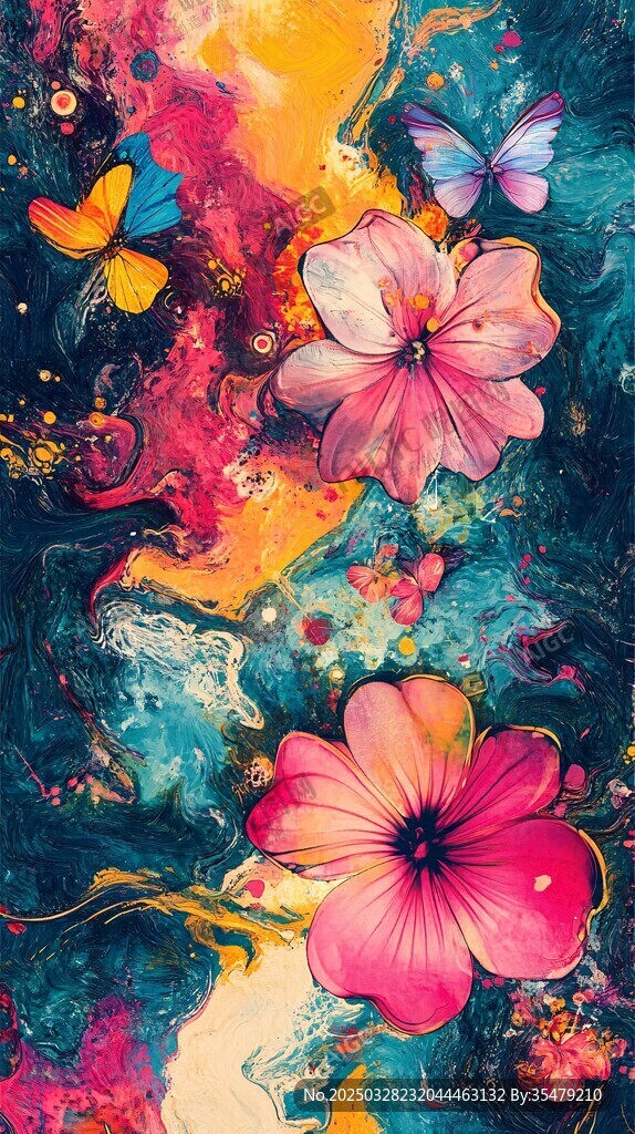 梦幻花卉与蝴蝶绚丽画作