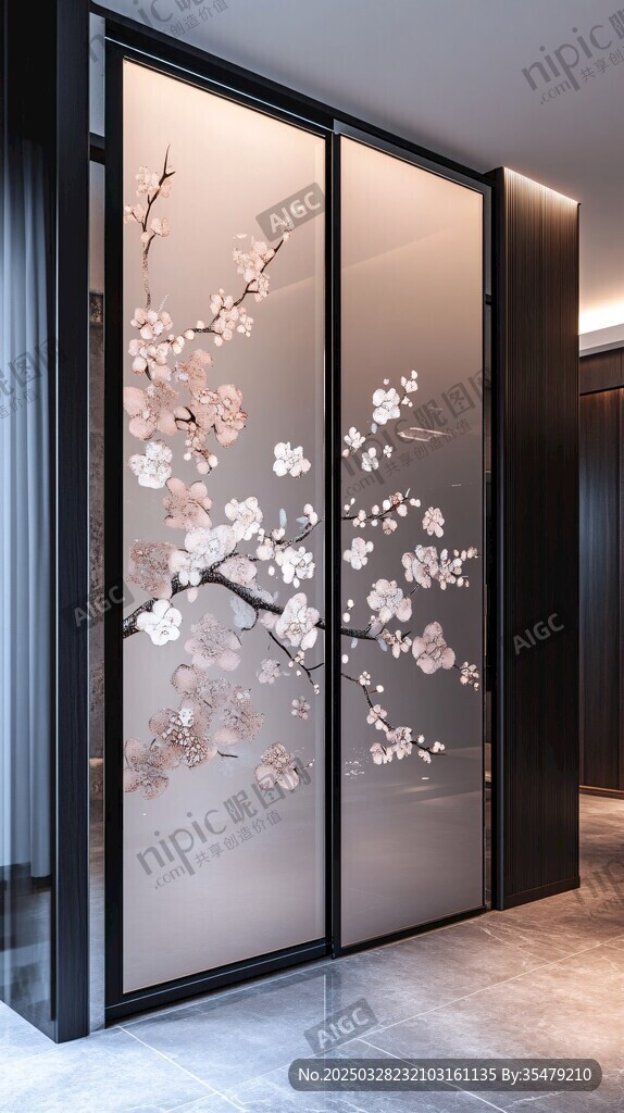 中式花鸟玻璃移门设计