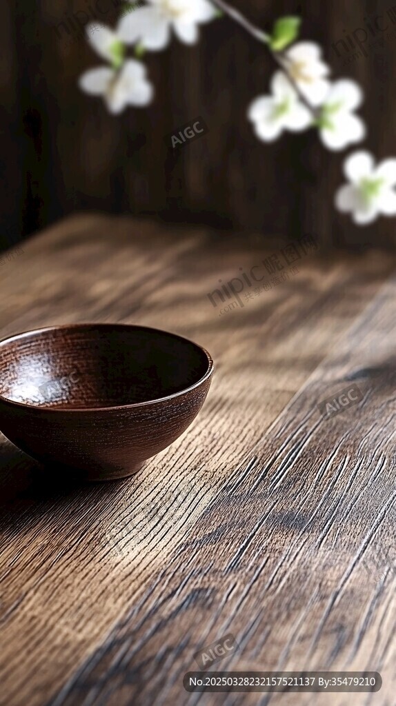 木桌茶碗旁的素雅花枝