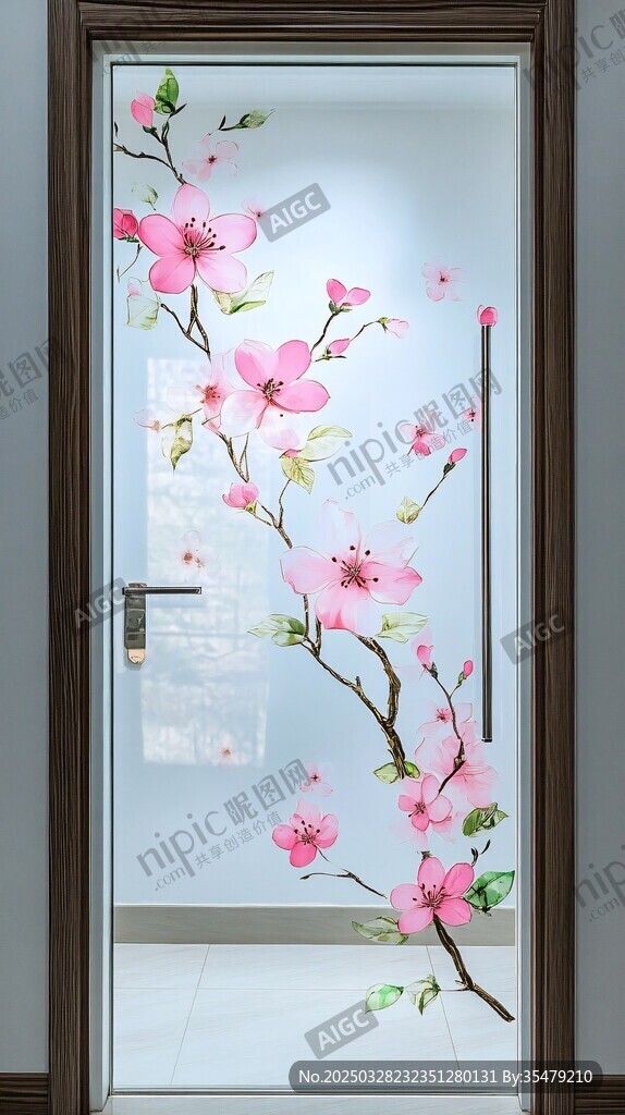 粉色桃花玻璃门装饰图