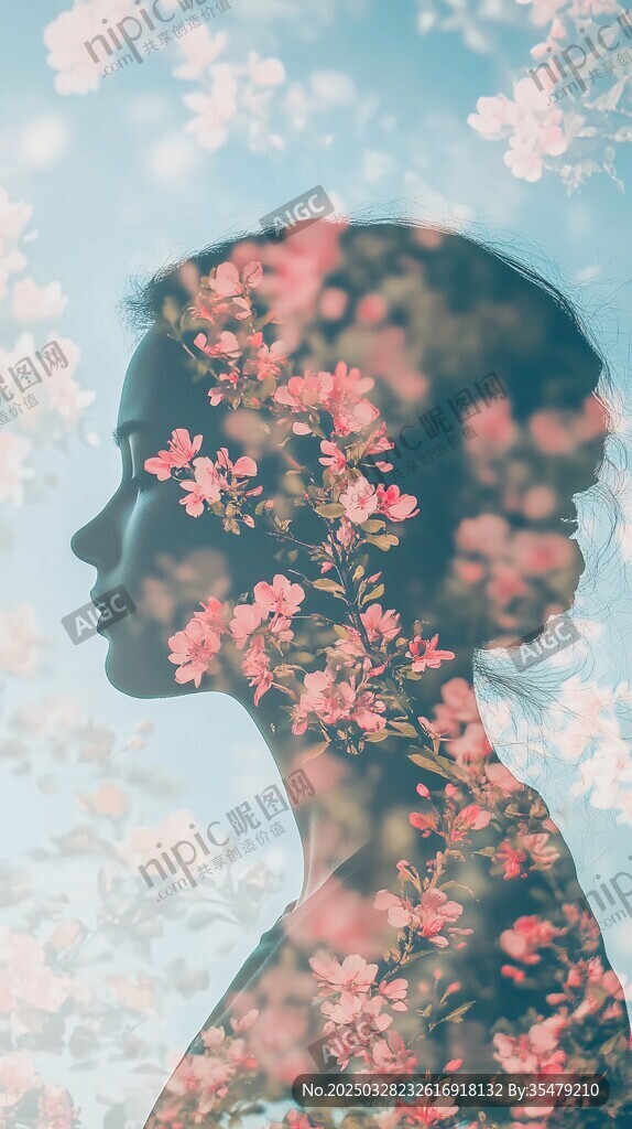 花影交织的女性侧影