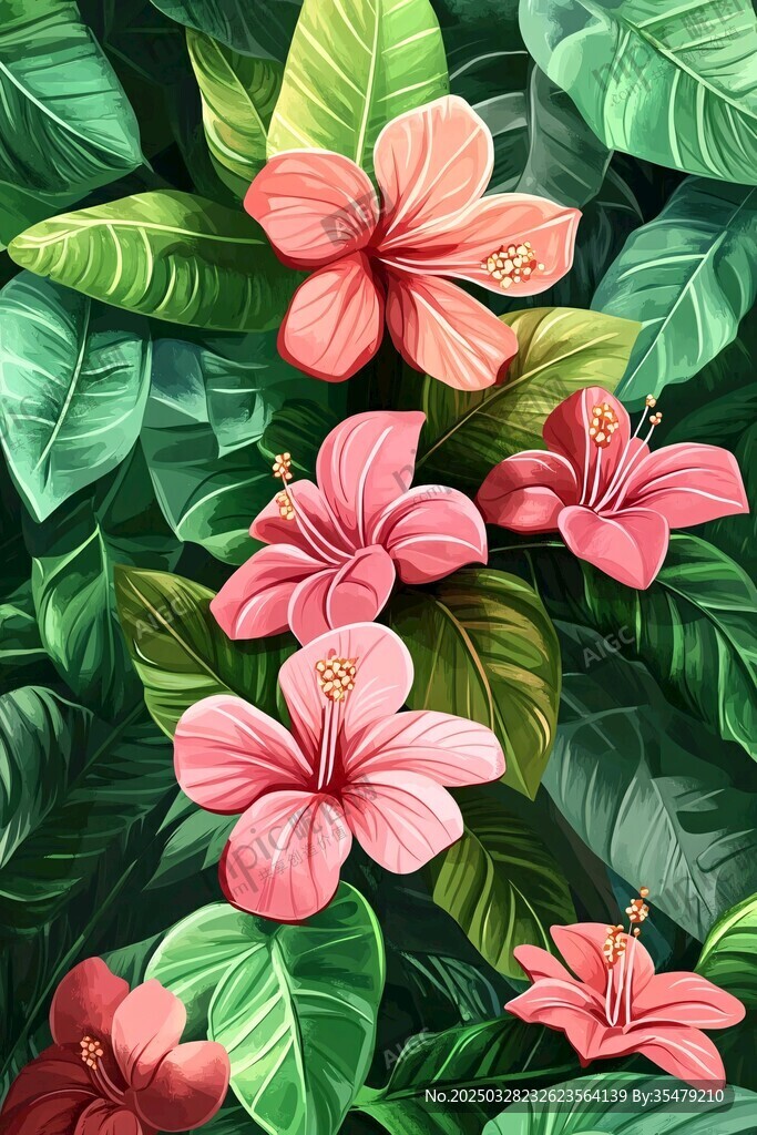 粉色扶桑花与绿叶图案