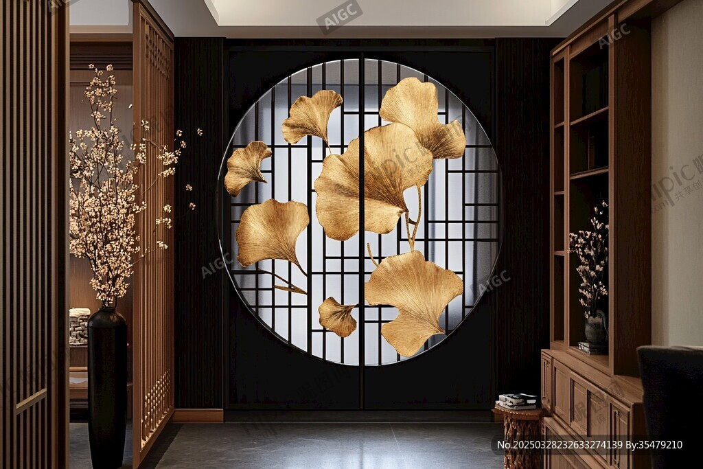 中式玄关的银杏叶艺术装饰