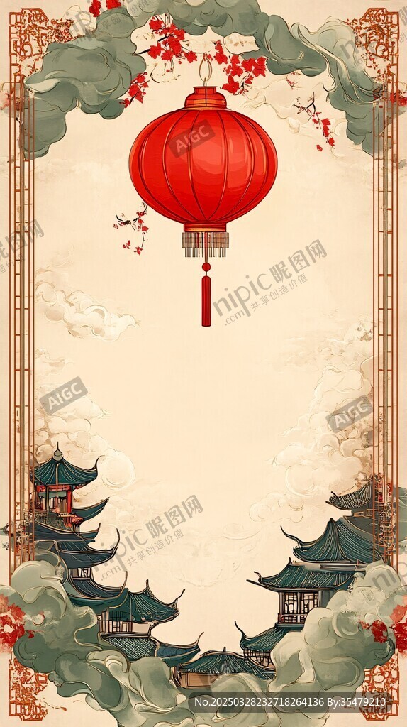 中式古风红灯笼楼阁背景图