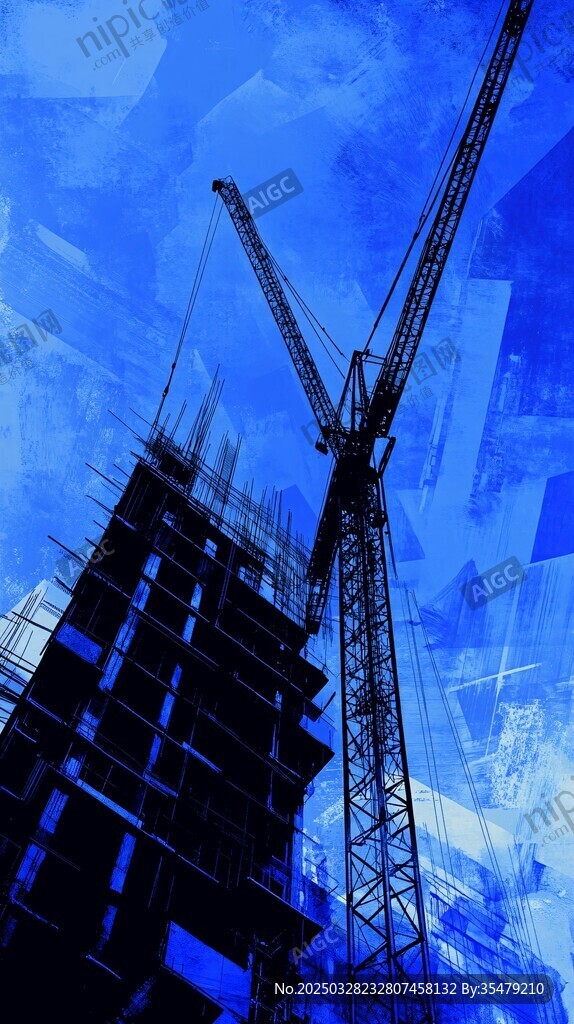蓝调工地塔吊与在建建筑