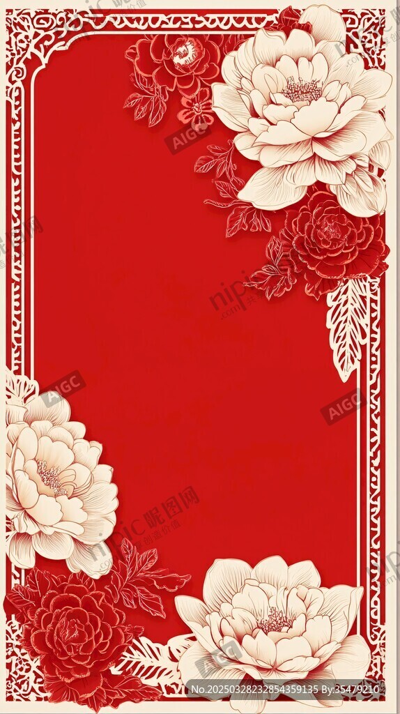 红色雕花牡丹边框背景图