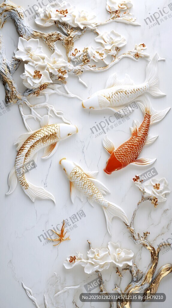 立体浮雕锦鲤与花卉装饰