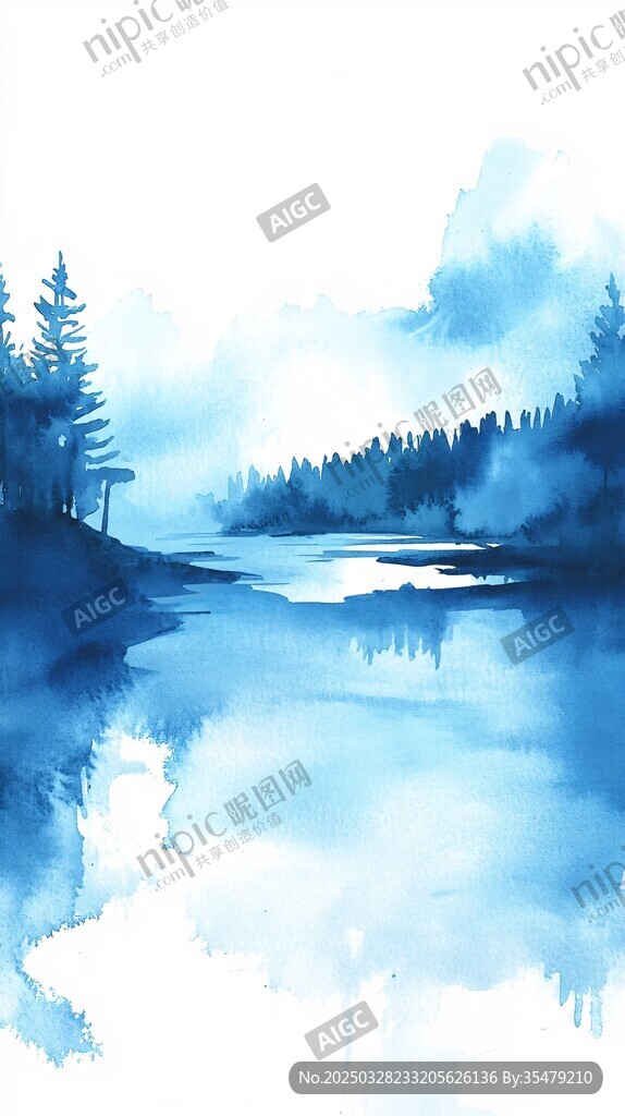 蓝调水彩风静谧湖畔风景