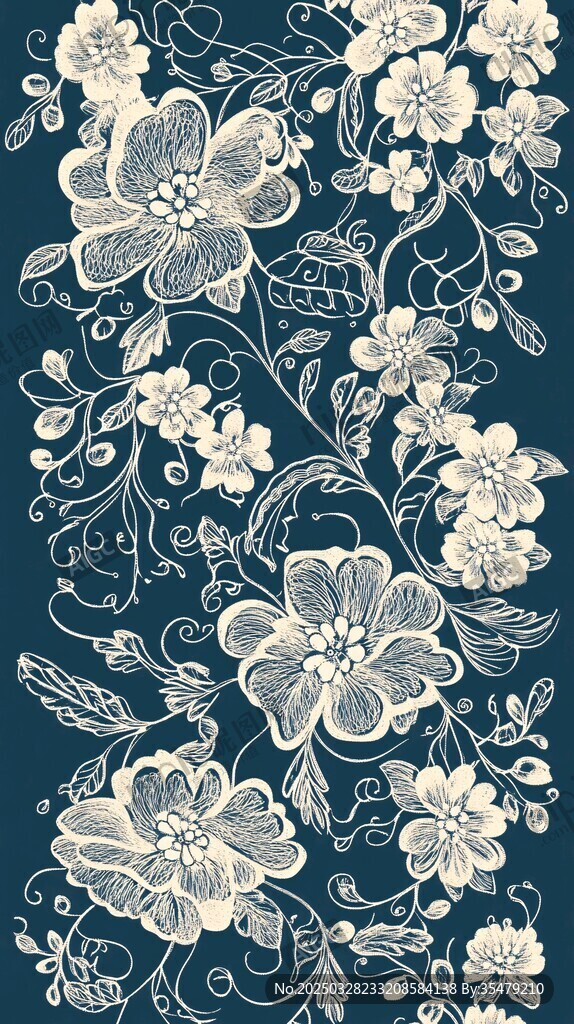 蓝底白花精致花卉图案