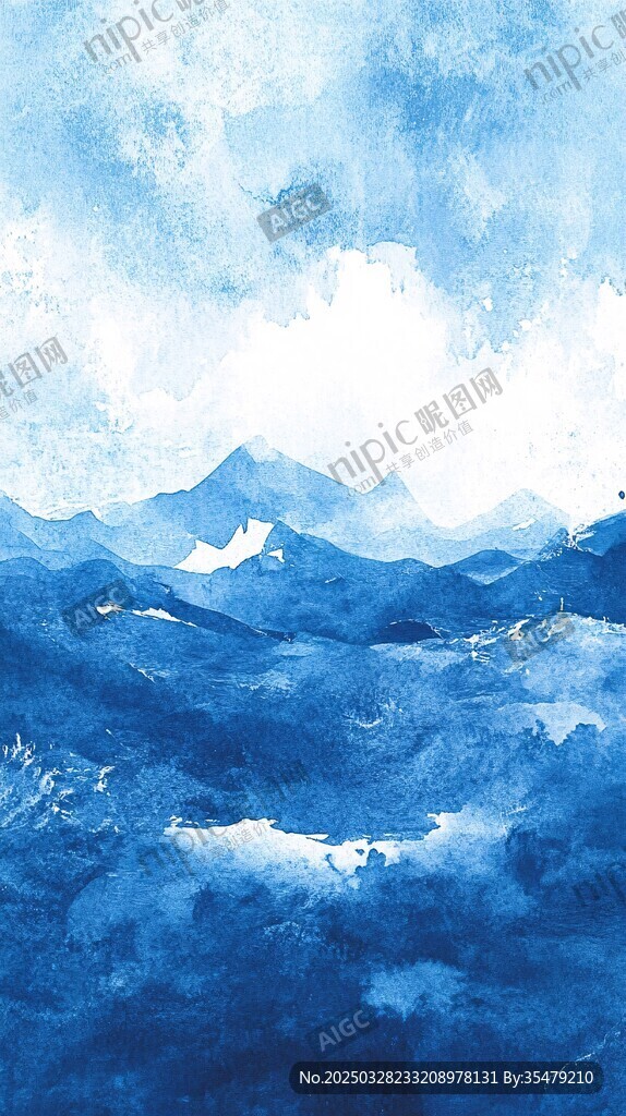 蓝色水墨风山水意境画