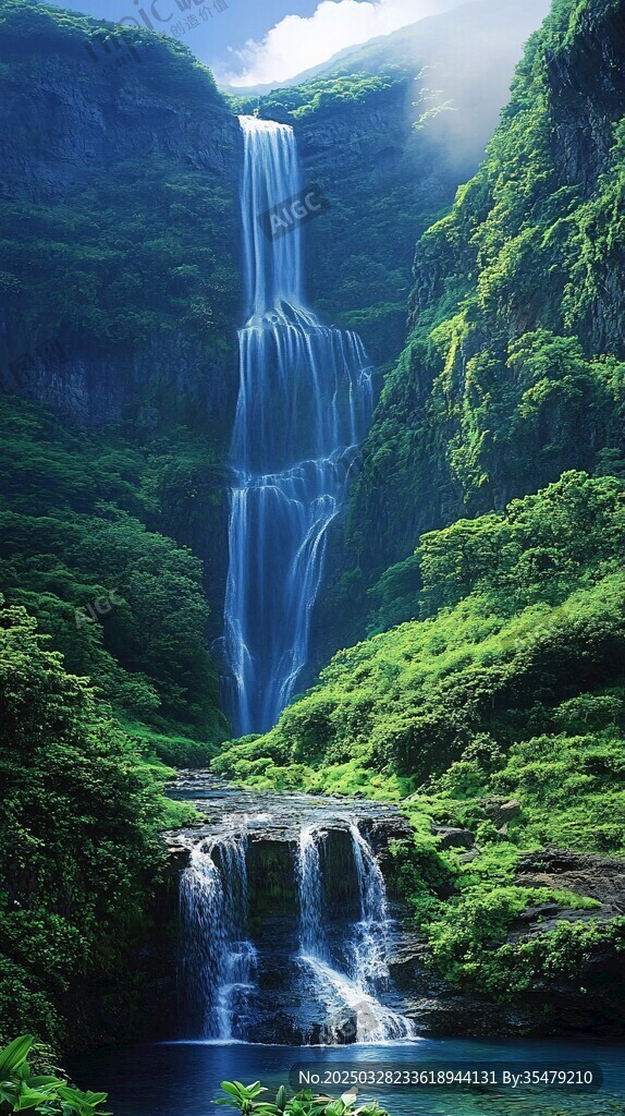 青山间的梦幻瀑布景观