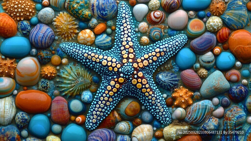 海星置身多彩贝壳石子间