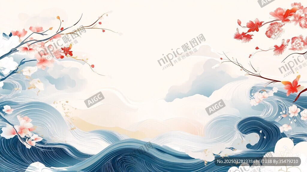 国风海浪繁花诗意美景