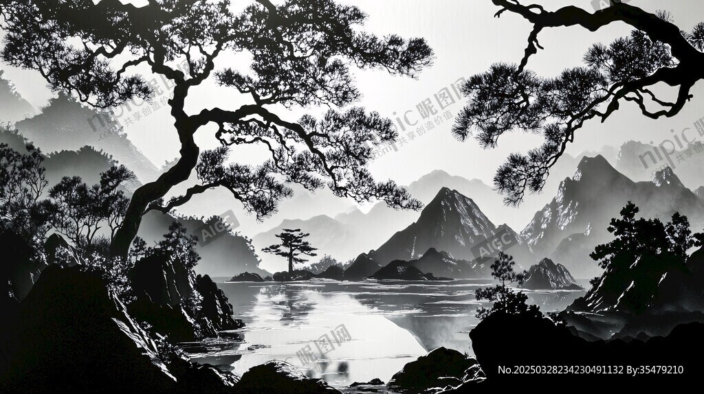 水墨山水间的苍松景致
