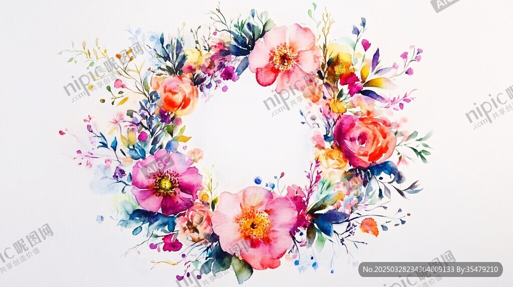 水彩花卉花环装饰图案