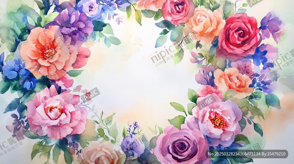 水彩花卉花环艺术画作