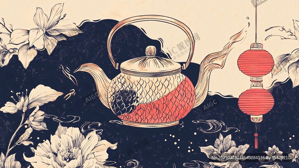 中式古韵茶壶花卉灯笼图