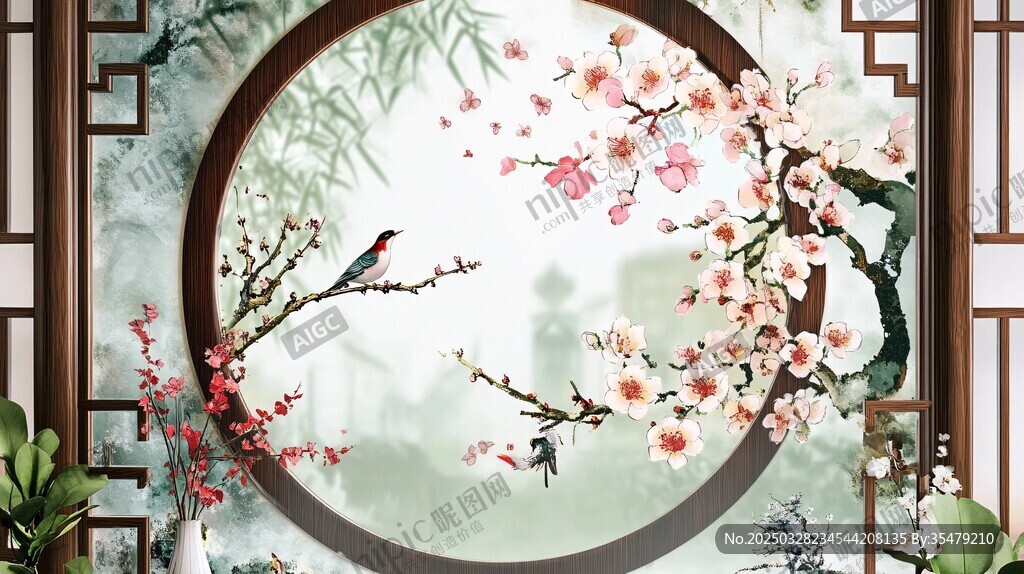 中式花鸟圆形屏风装饰画