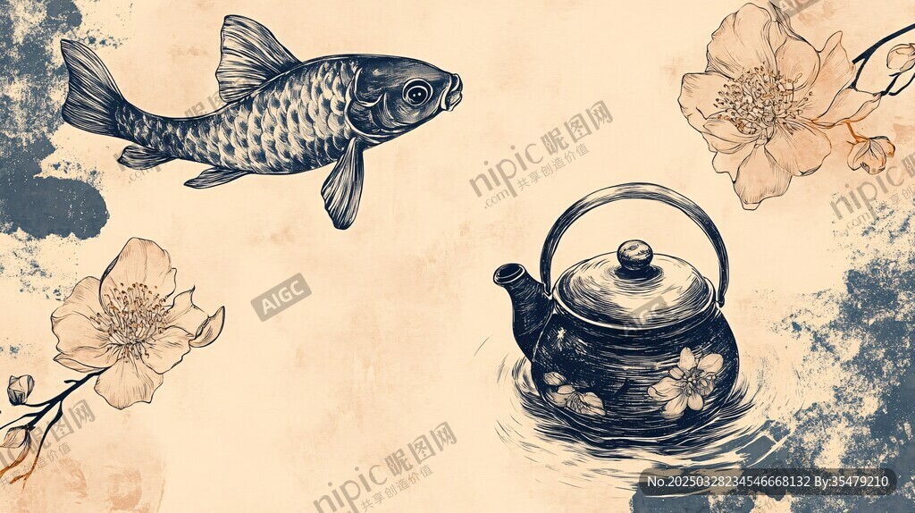 水墨金鱼茶壶花卉图