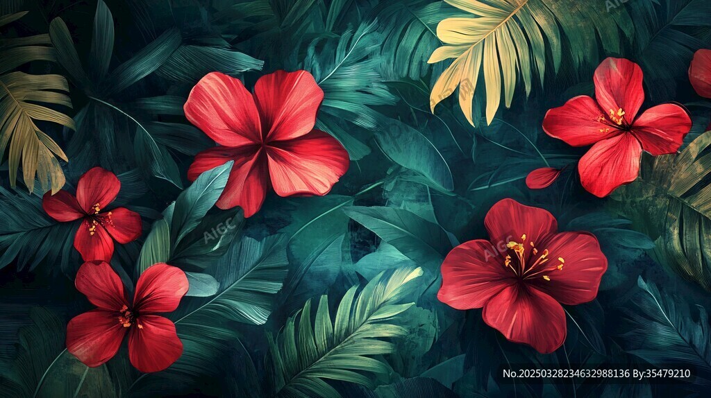 热带红槿花卉绿叶背景图