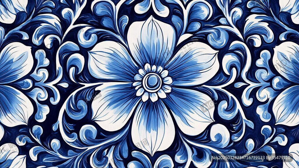 蓝白花卉图案精美装饰画