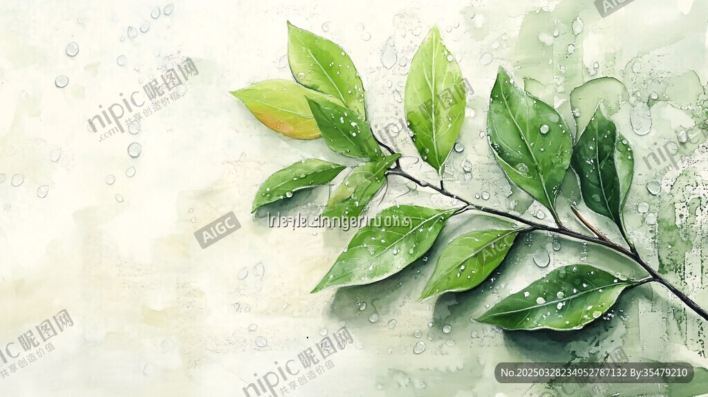 带水珠的翠绿枝叶