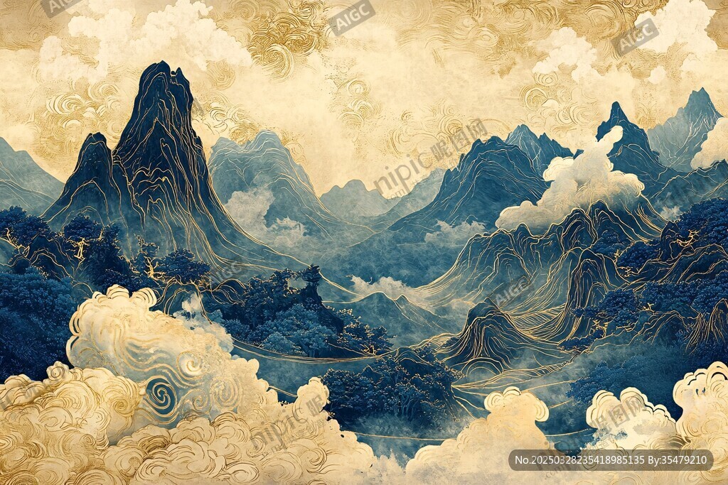 梦幻中式山水云海画卷