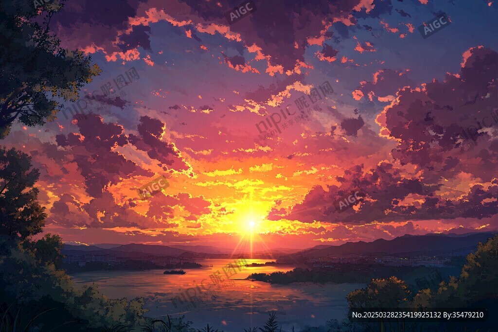 梦幻黄昏湖畔绚丽日落景象