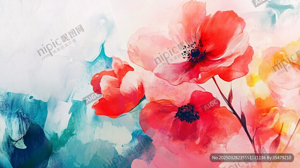水彩绘就的艳丽花卉
