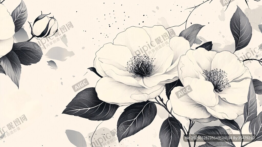黑白花卉插画 优雅自然风