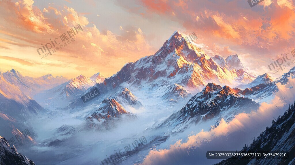 壮丽雪山映彩霞美景