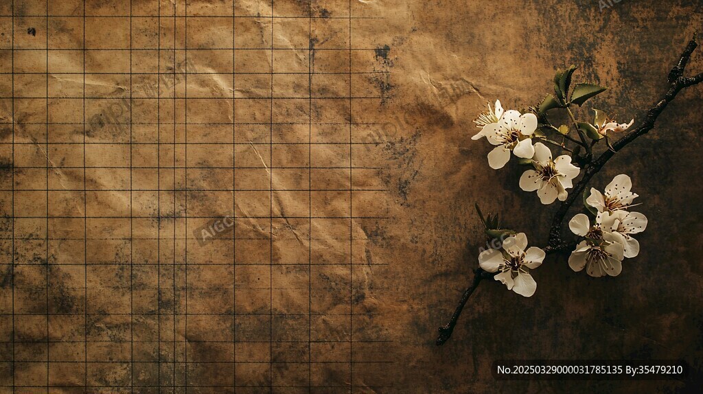 复古格纹纸上的素雅花枝