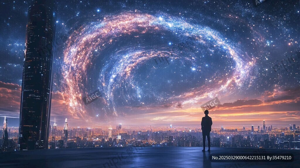 仰望星空的城市孤独身影