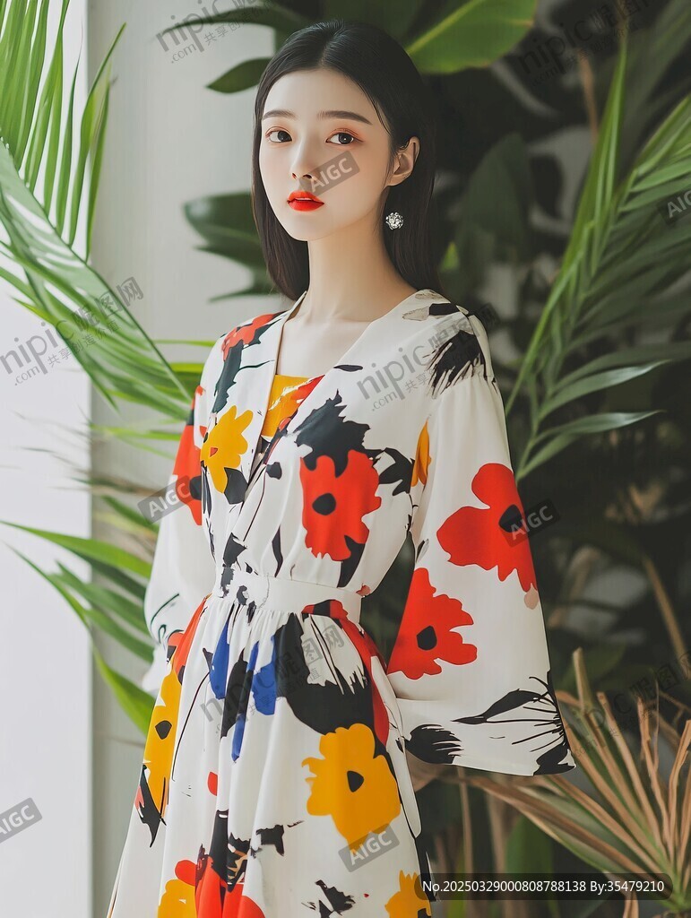 印花长裙女子的优雅姿态