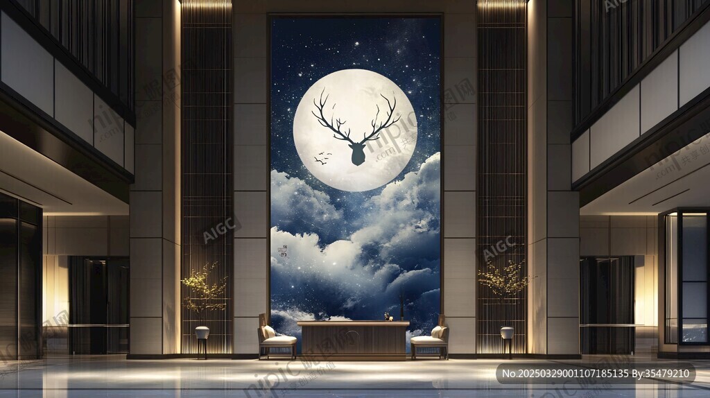 梦幻星空鹿主题大堂壁画