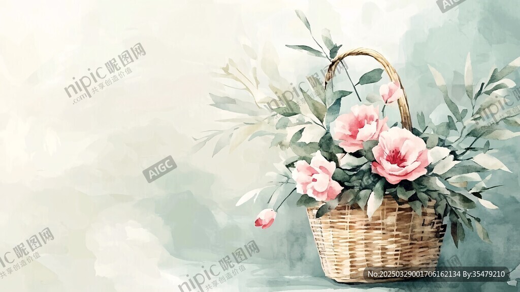 水彩风花篮中的娇艳花卉