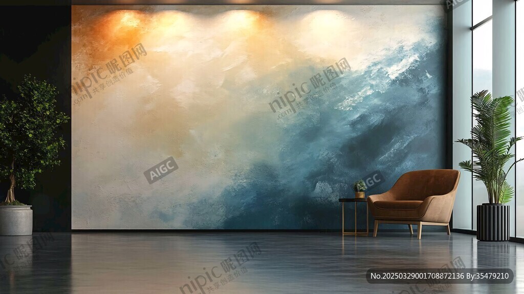 现代客厅抽象山水壁画场景
