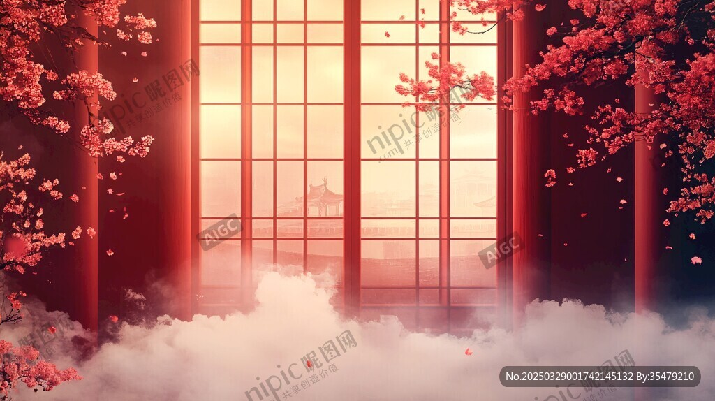 日式窗景 樱花云雾梦幻氛围