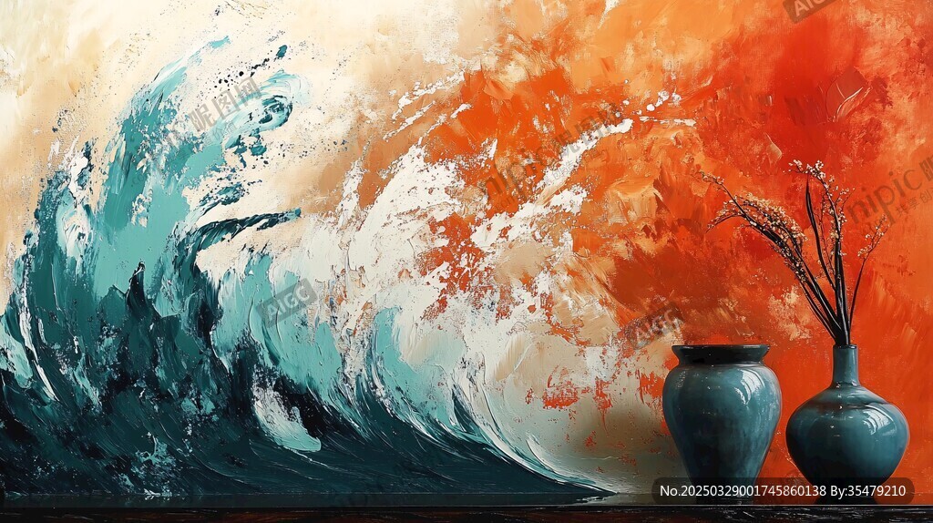 澎湃海浪旁的古朴花瓶