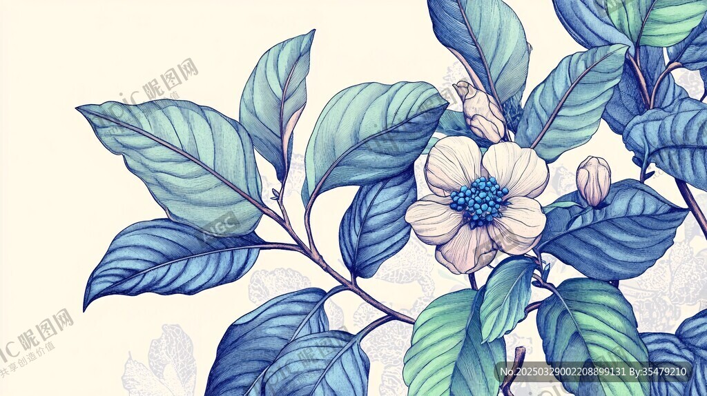 蓝绿花卉枝叶插画