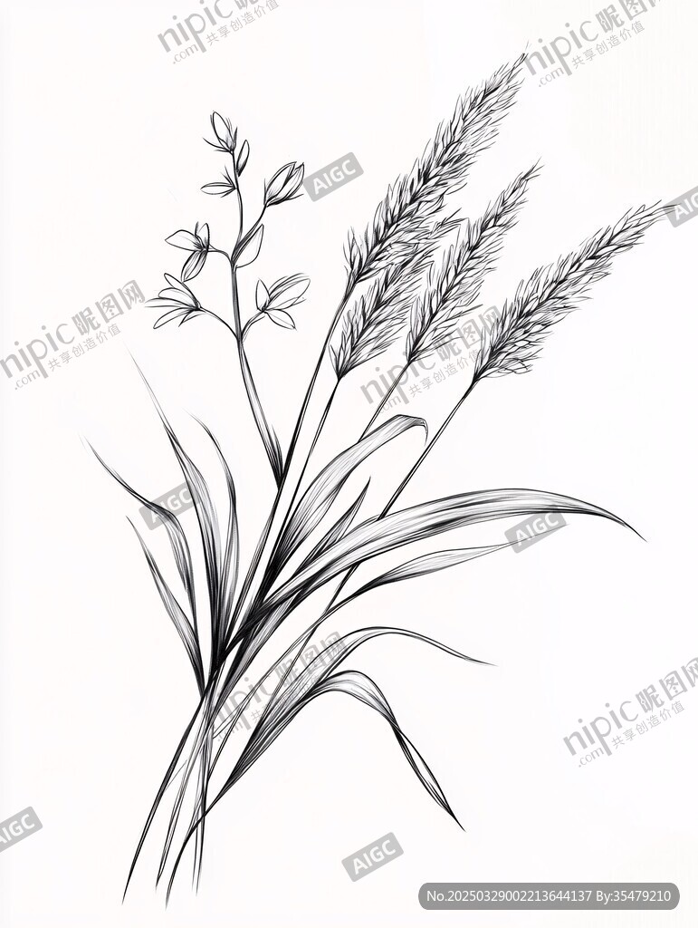 黑白手绘草本植物花卉图