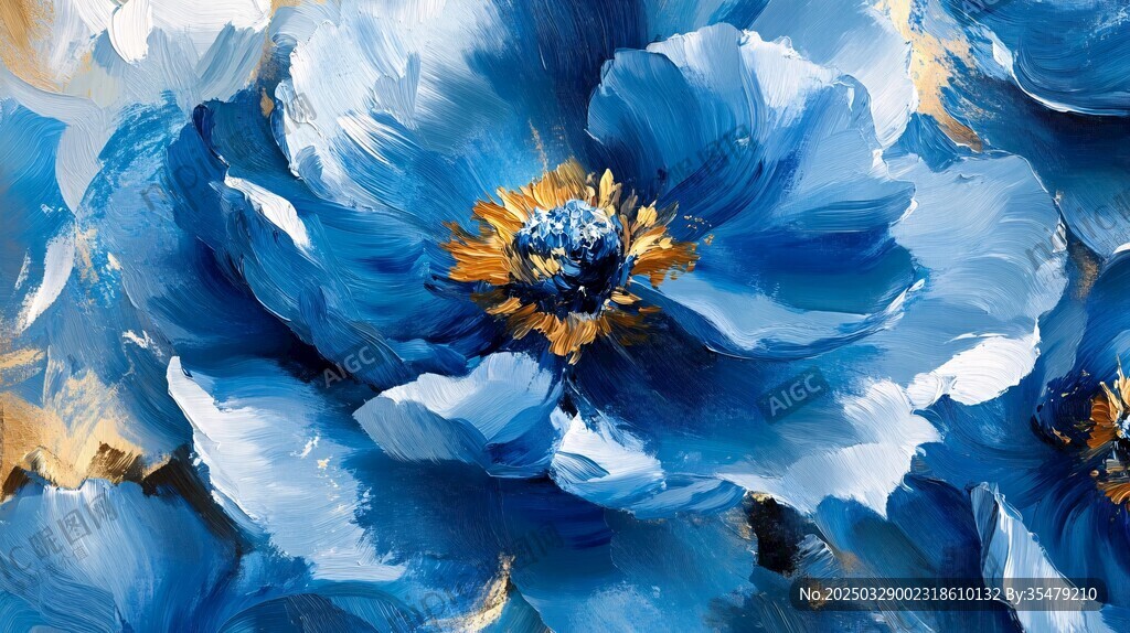 蓝色花卉油画艺术作品