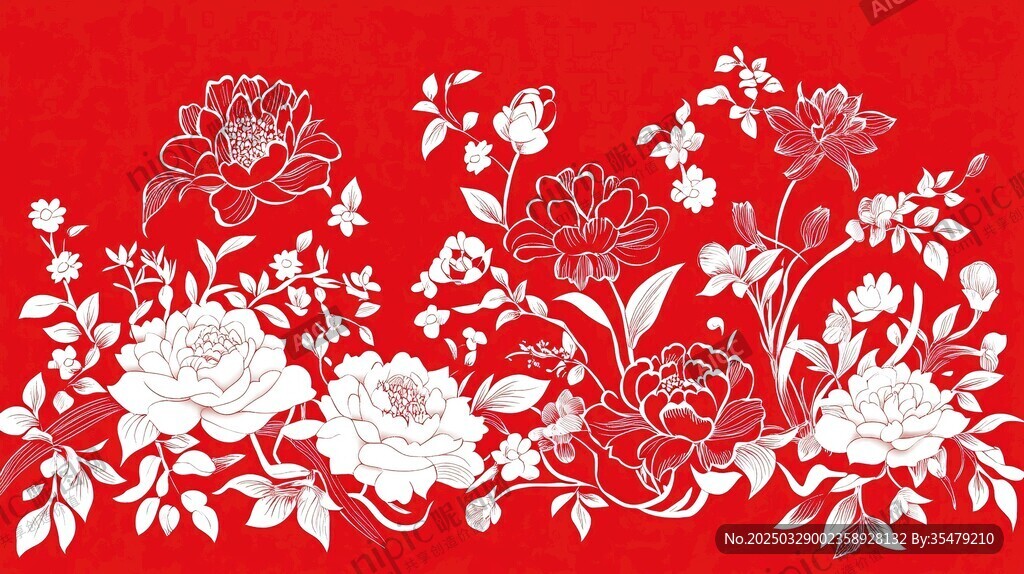 红色背景白色花卉装饰图案